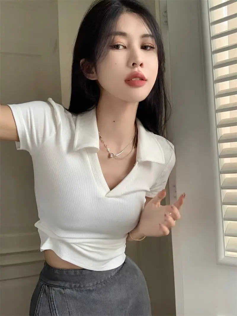 New Poio Neck T Shirt Women Korea Style Short Top V-Neck Solid Color Slim 2023 Summer Tops Fashion T-shirt Womens Clothing