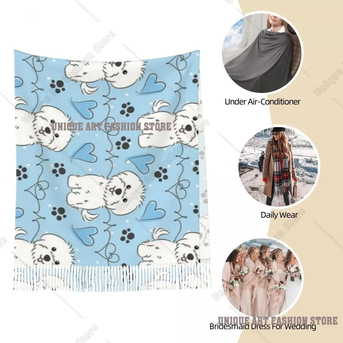 Синий шарф Love Maltese Dog для женщин, осенне-зимняя шаль, милые длинные шарфы с рисунком животного и кисточкой для вечернего платья