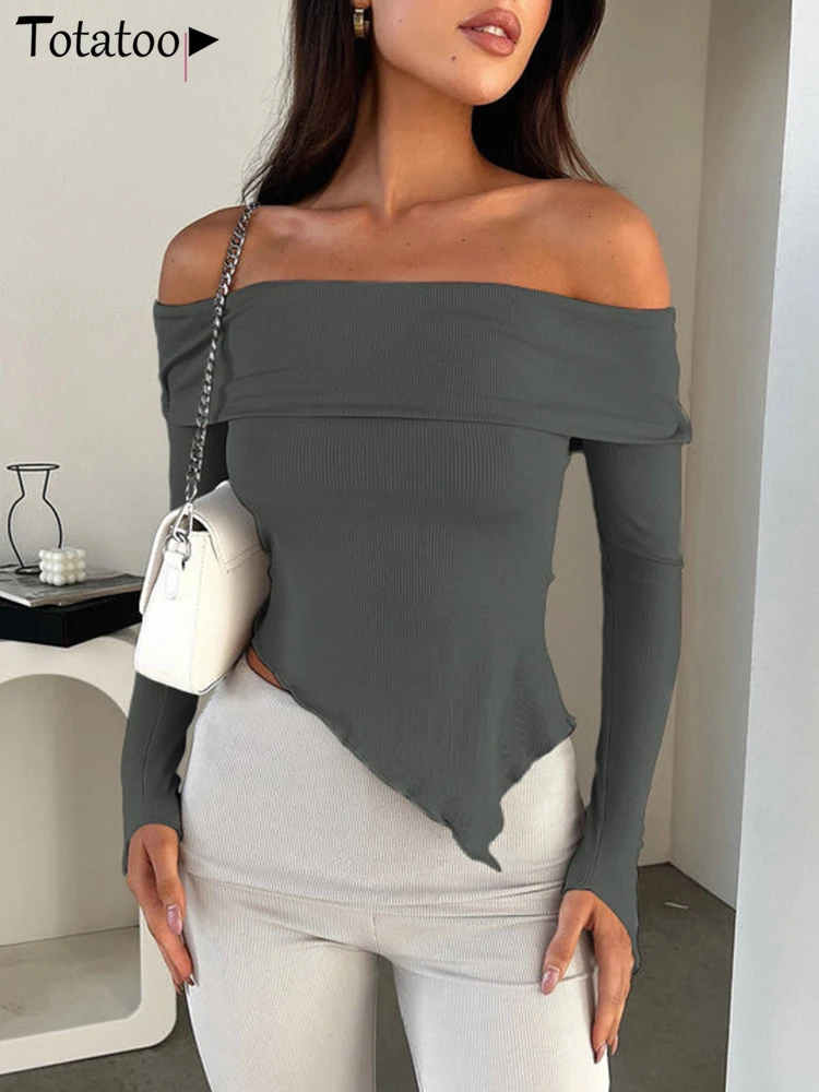 Women's Sexy Off Shoulder Rib Knit Thin T-Shirt Long Sleeve Irregular Skinny Tee Tops Office Lady Basic Cloth Spring Casual 2024