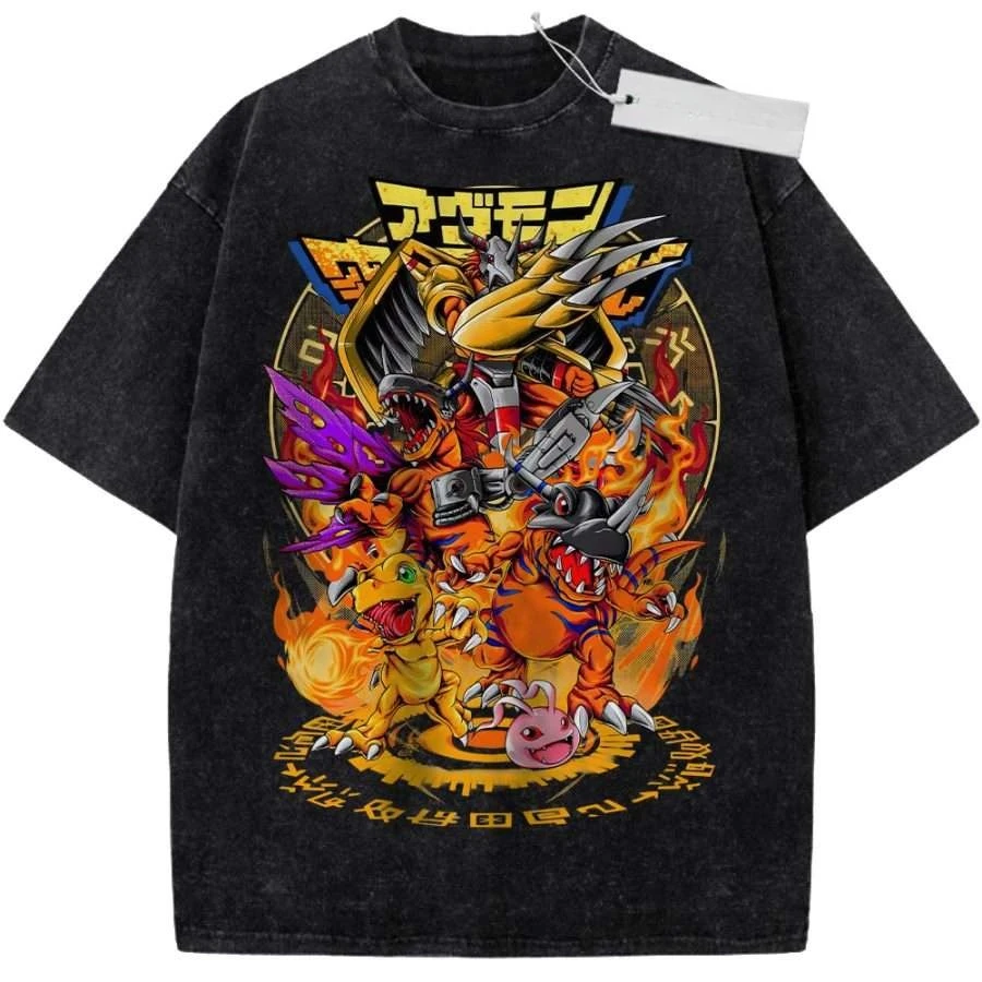 Unisex-T-Shirt aus reiner Baumwolle, gewaschen, Retro-Stil, Digimon-Charaktere, Anime-Print, Sport-Kurzarm-Oberteil