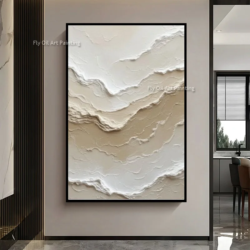 Hand Painted 3D Wave Abstract Oil Painting, Thick Palette Knife Textured Canvas Art, Neutral Beige Wabi-Sabi Vertical Wall Decor