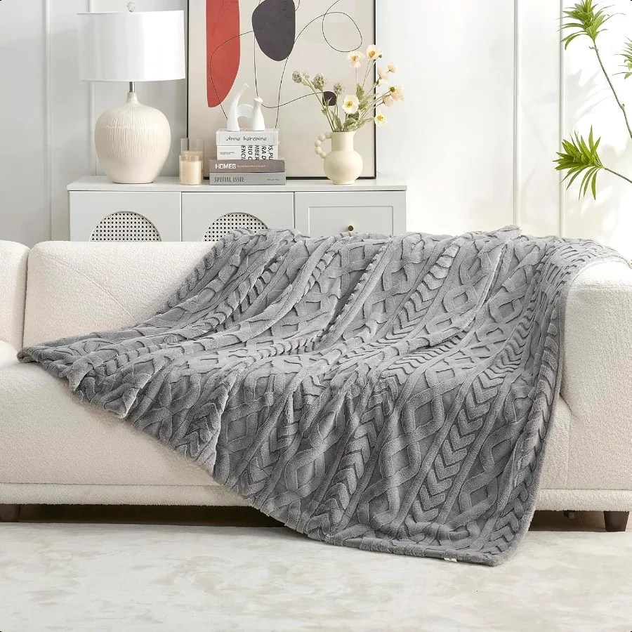 

Faux Fur Throw Blanket for Couch Jacquard Fuzzy Plush Soft Thick Winter Throw Blanket for Sofa Bed Living Room Bedroom50x60 Gre