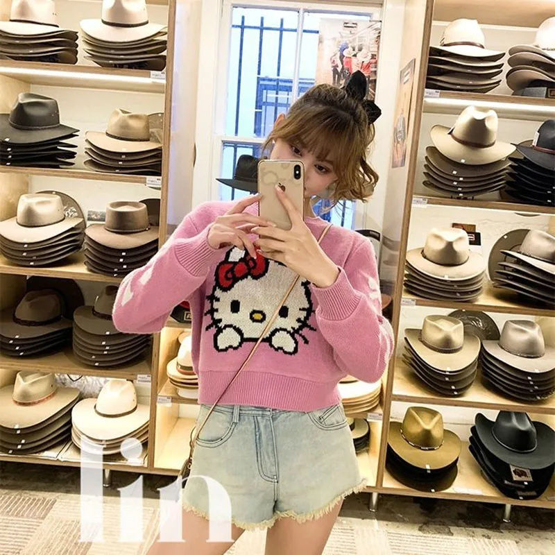 Kawaii Sanrio Hello Kittys Sweater Autumn Winter Preppy Sweater Long Sleeve Top Loose Round Neck Trend Sweet Girl Christmas Gift