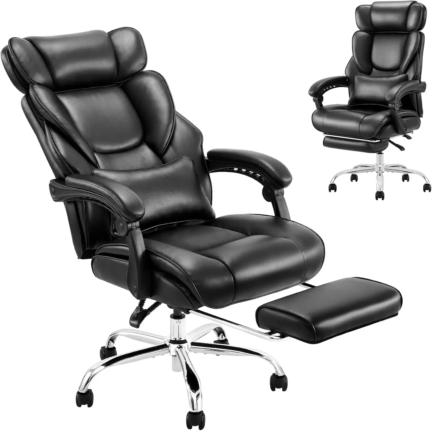 

Office Chair with Reclining Back, Ergonomic High Back Design, Retractable Footrest, Black Bonded Leather