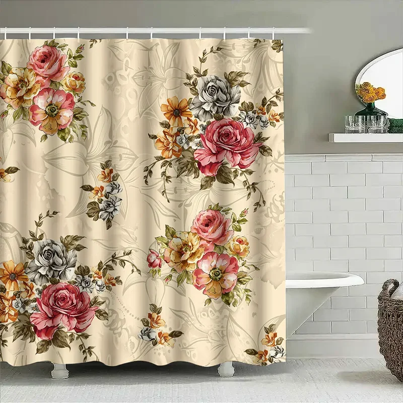 Eleganter Duschvorhang mit Vintage-Blumendruck, hochwertiger wasserdichter Stoff für Badezimmerdekoration, moderne Heimdekoration in Weiß, Rosa