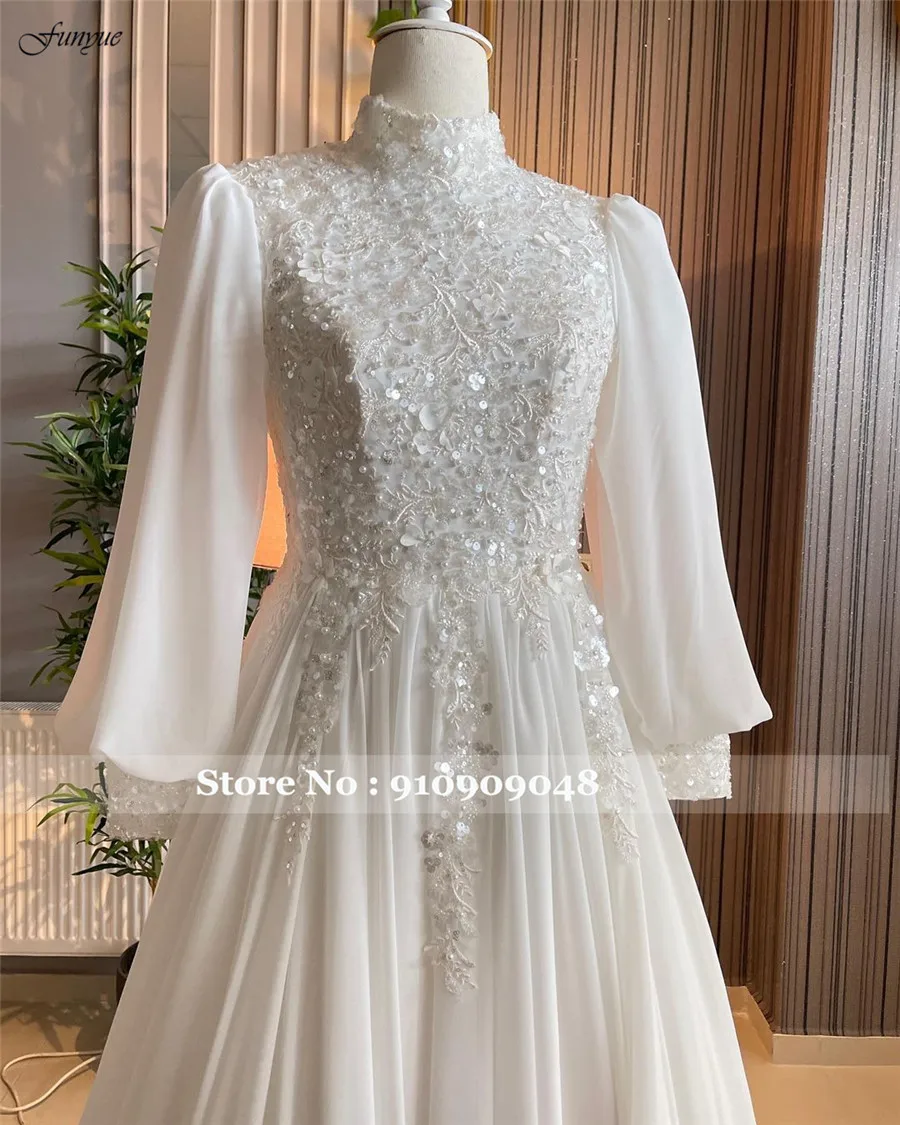 Funyue Elegant A-line Chiffon Muslim Wedding Dress 2024 Bride Full Sleeves Ivory Bridal Gowns Lace Beading France Robe De Mariée