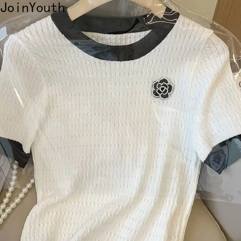 Knitted Woman Tshirts Ropa Mujer Short Sleeve O-neck Summer Tees Loose Fashion Korean T Shirt Crop Tops 2024 Shirts for Women