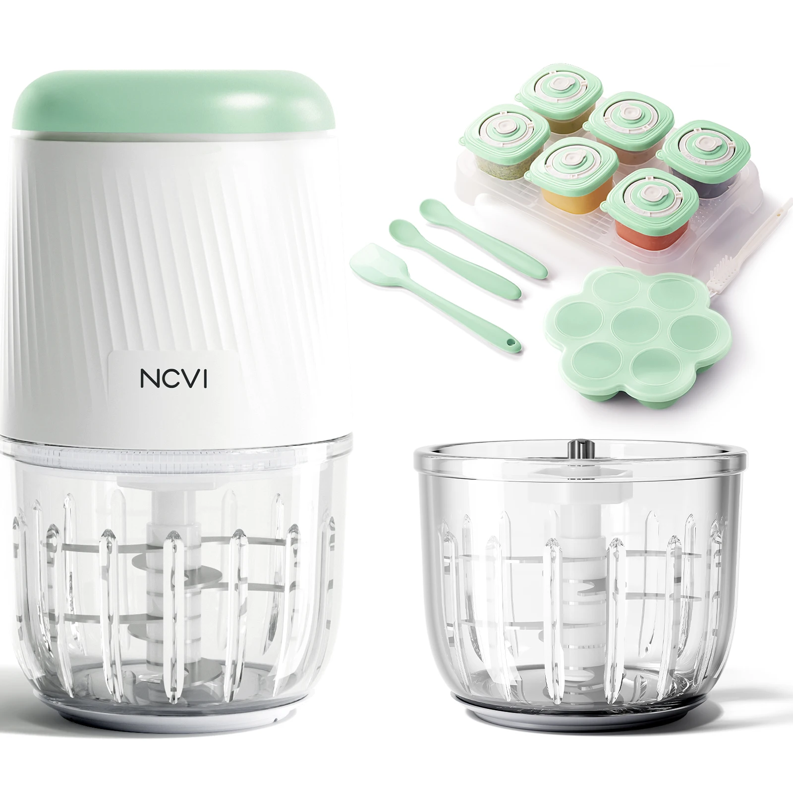 NCVI Baby Food Processor Glass Set: Mini Blender with 8 Blades, Grinding Disc, Containers, Silicone Tray, and Utensils – Green