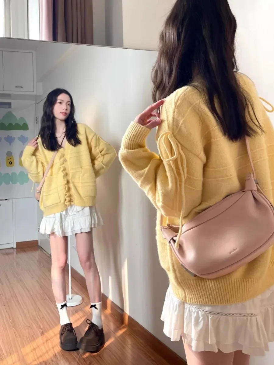 Autumn New Yellow Sweater Lovely Bow V-neck Cardigan Jacket Cute Fungus Edge Single Breasted Coats Korean Sweet Women Loose Tops