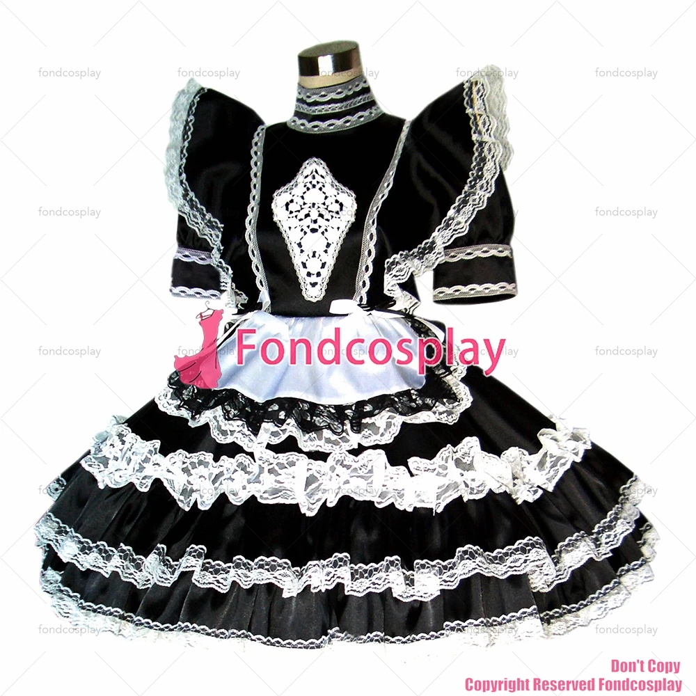 fondcosplay adult sexy cross dressing sissy maid short Sexy Satin Black Dress Lockable Uniform Cosplay Costume CD/TV[G357]