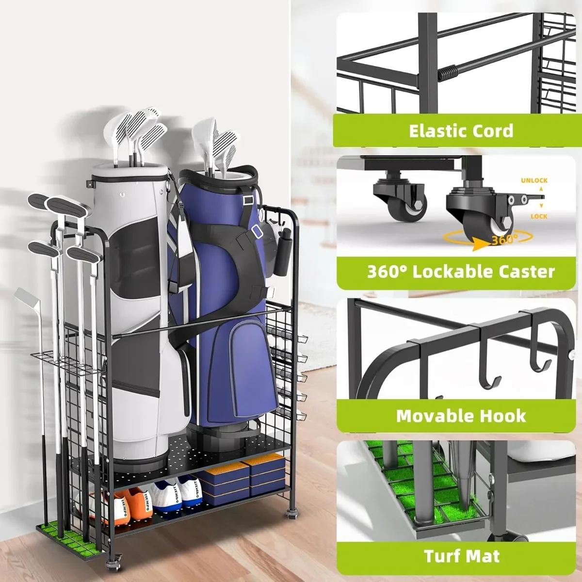 Storage Garage Organizer - Golf Bag Organizer, Club Rack and Golf Equipment Accessories Rack, Bag Stand for