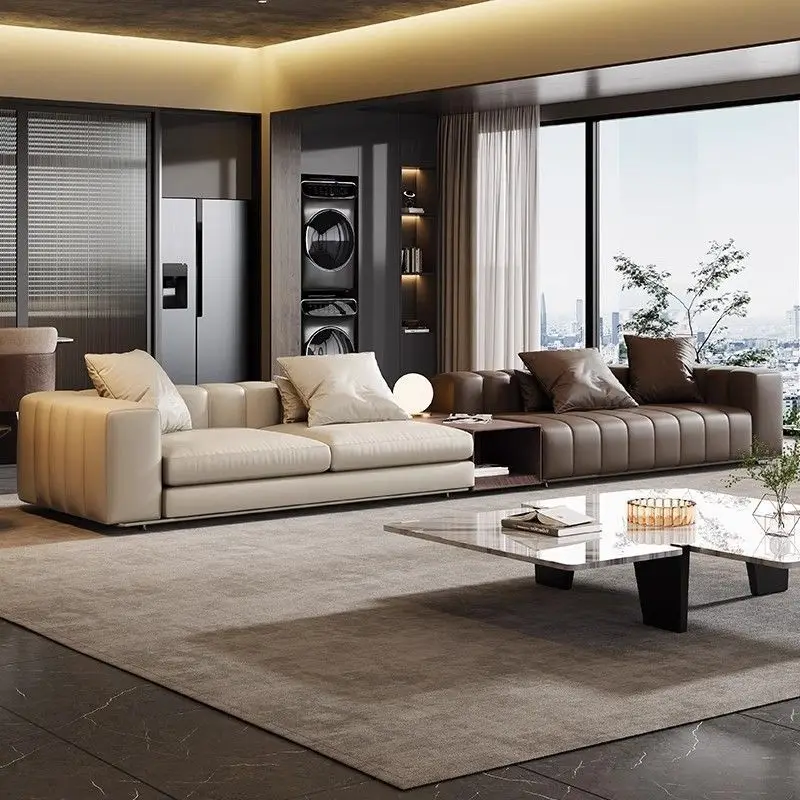 Piano key sofa leather sofa first layer cowhide large apartment villa living room horizontal hall sofa