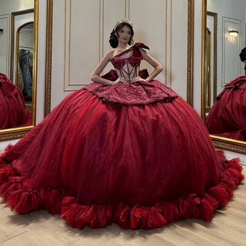 

Red Shiny Quinceanera Dresses Off The Shoulder Applique Lace Beads Corset Tiered Tull Party Birthday Sweet 16 Dress Vestidos 15