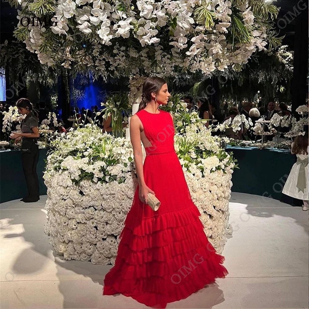 

OIMG Custom Red Exquisite A-Line Sleeveless Tiered O Neck Evening Night Gown Long Evening Dresses Dubai Arabic Club Prom Gowns