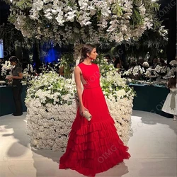 OIMG Custom Red Exquisite A-Line Sleeveless Tiered O Neck Evening Night Gown Long Evening Dresses Dubai Arabic  Club Prom Gowns