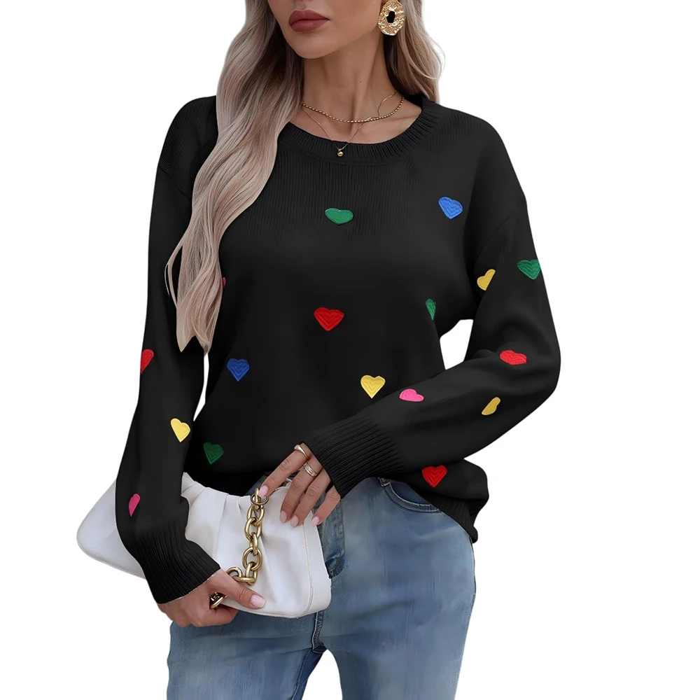 

Women's Knitted Long Sleeve Round Neck Pullover Sweater Autumn Winter Fashion Colorful Heart Patterned Imported From