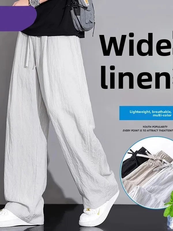 

Men's Summer Lightweight Linen Breathable Pants Loose Straight Wide Leg Casual Long Trousers Ice Silk Cool Feeling Trendy All...