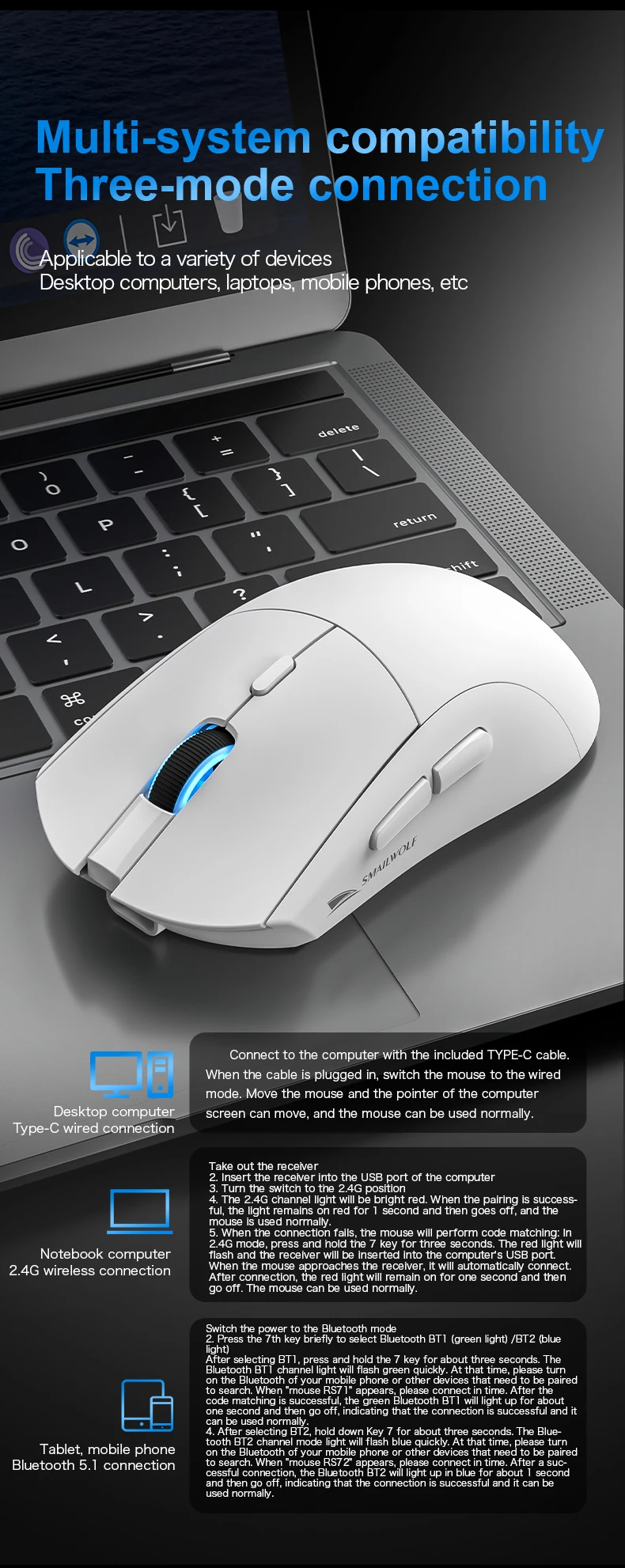 SMAILWOLF RS7 Bluetooth Kabellose Maus Drei-Modus-Gaming-Maus für Notebook Desktop-Computer Gaming PAW3311 Geeignet für Große Hände – Detail 3