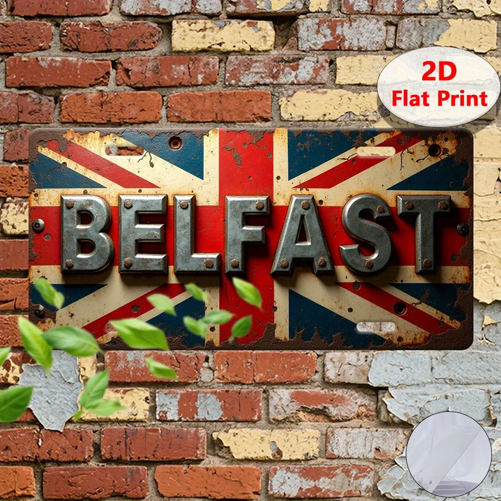 2D Flat, 2D Flat Printing, 1pc, Vintage Tin Sign, Decorative Plaque & Statues (30.48cm x 14.99cm), Belfast sign, British flag, R