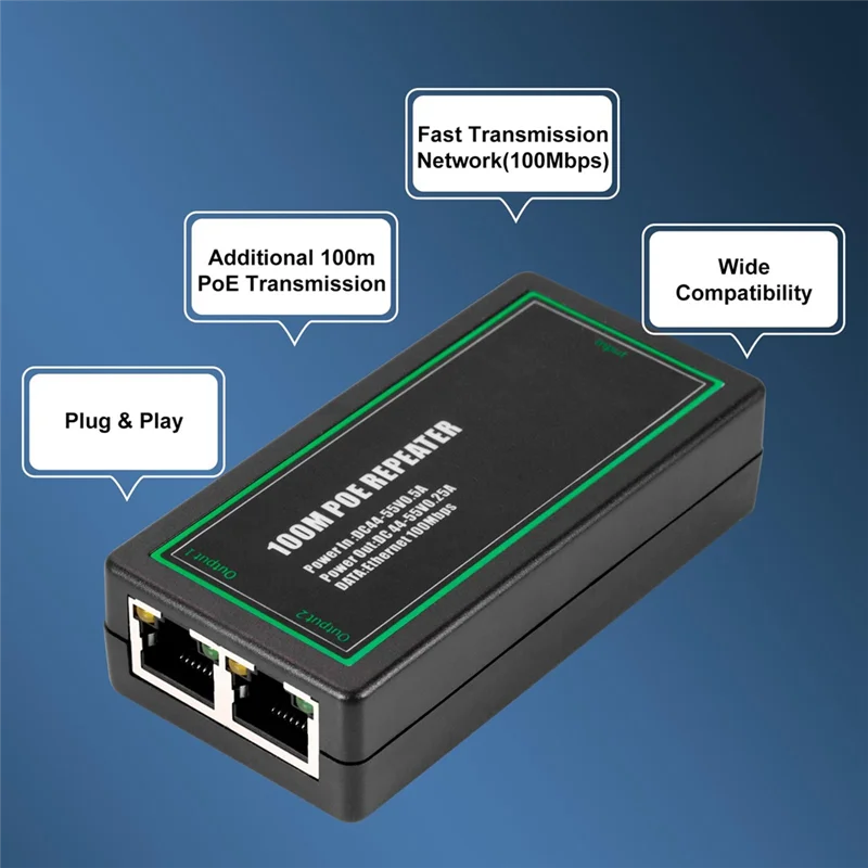 N75R-2 Port POE Extender Poe Extender Ethernet Repeater 100Mbps POE Extend 100 Meters For POE Range IEEE802.3Af/At Standard