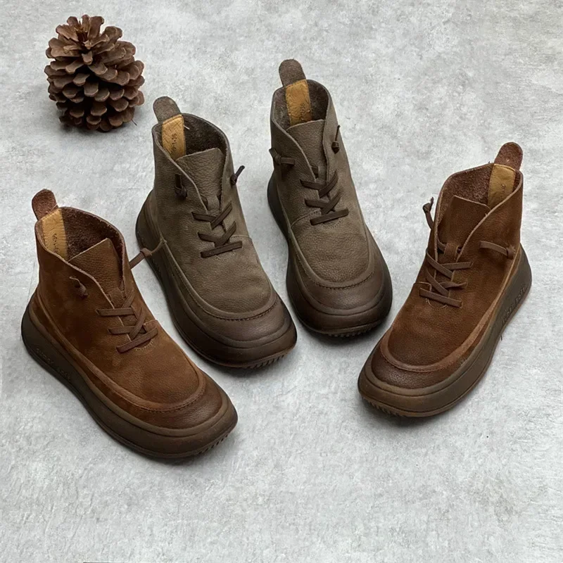 

Platform Frosted Cow Leather Vintage Women Boots Leather Women's Shoes Thick Bottom Brown Ankle Boots Plush warm snow boots