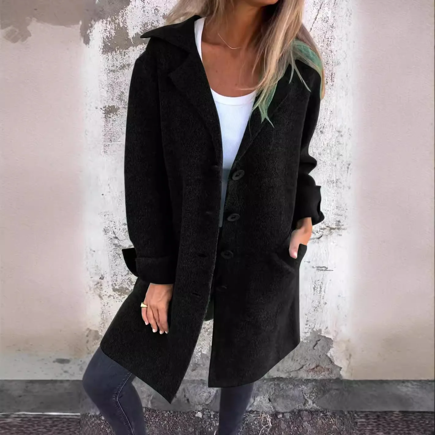 

Осенне-зимняя новая женская одежда, однотонное пальто с лацканами и карманами, однобортное среднее и длинное пальто