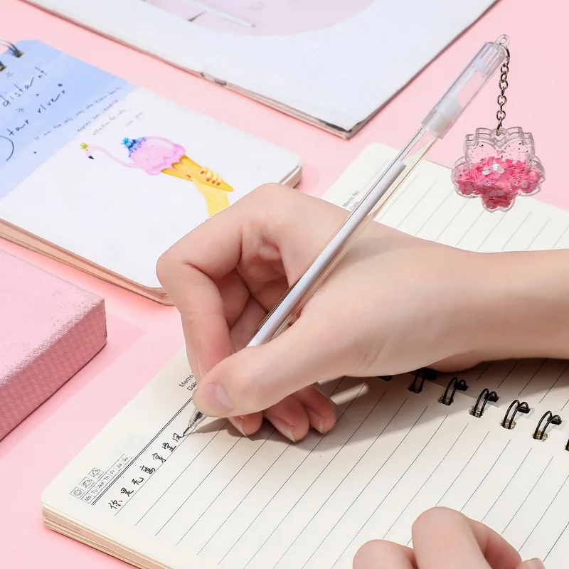 20/24/40 PCs Cute Gel Pen Sequined Cherry Blossom Pendant Pen Girl's Heart Korean Stationery Student Gel Pen Set Back To School