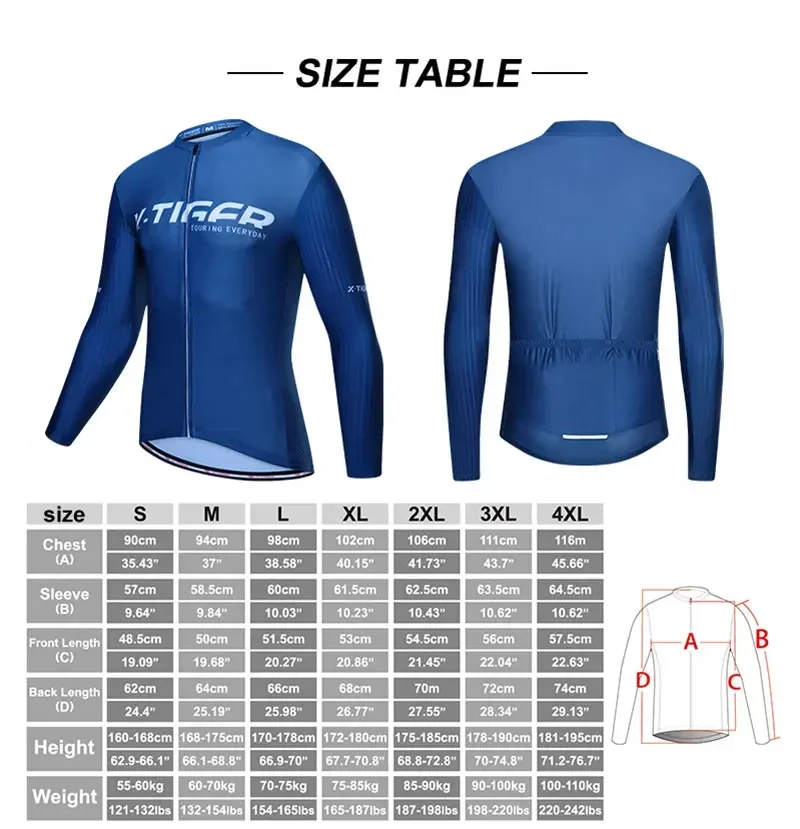 X-TIGER Blue Cycling Jerseys Men Upgraded Long Sleeve Shirts Adult Autumn Breathable Road Training Clothes with 4 Rear Pockets