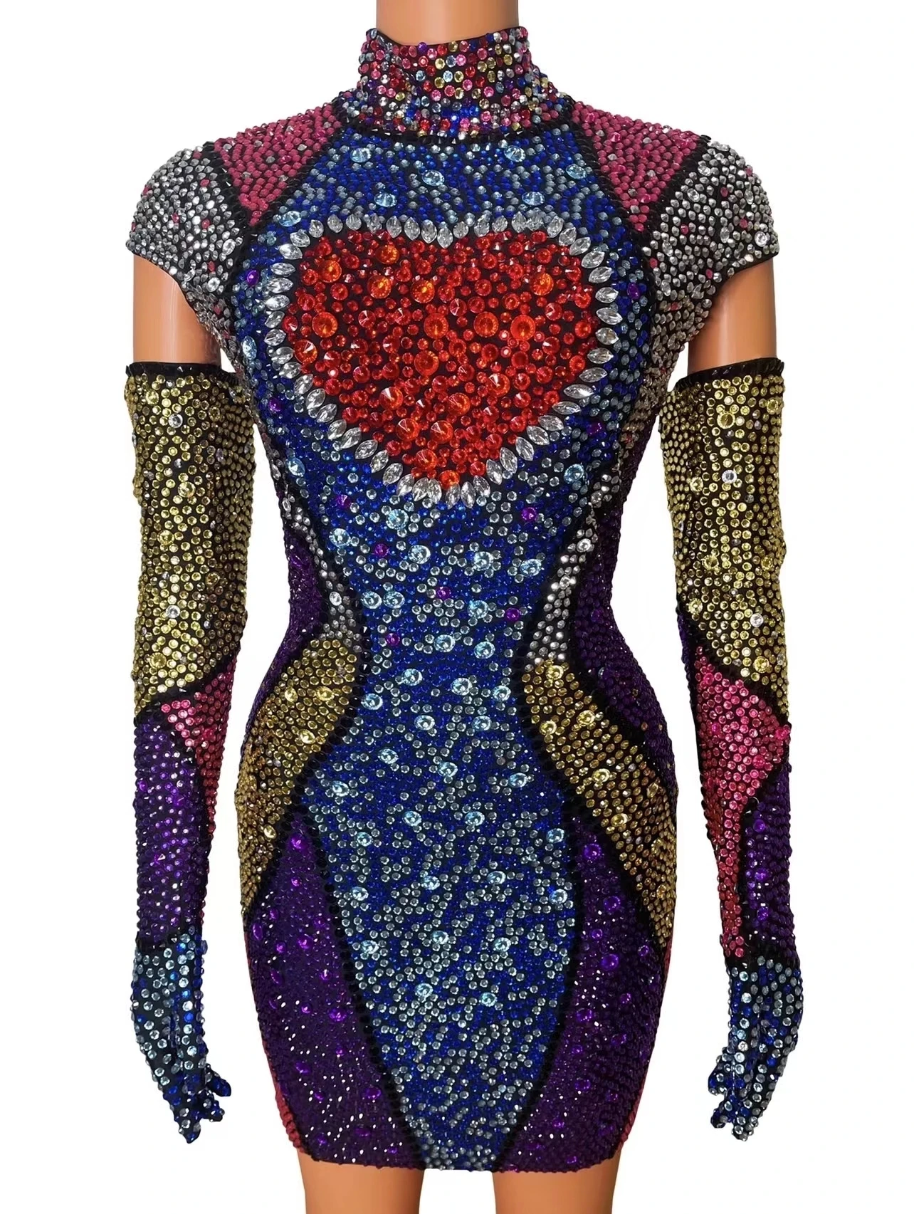 

Colorful Big Crystals Dress Gloves Outfit Sexy Stage Wear Costume heart Rhinestone Dress Birthday Party Show Club Dress