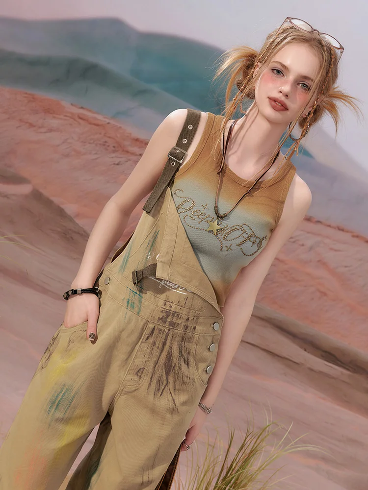 SEENFAAN 아메리칸 레트로 워크웨어 데님 오버롤 여성용 여름 신상 프린트 스트랩 팬츠 스트리트 스타일 미드 웨이스트 롱 레그