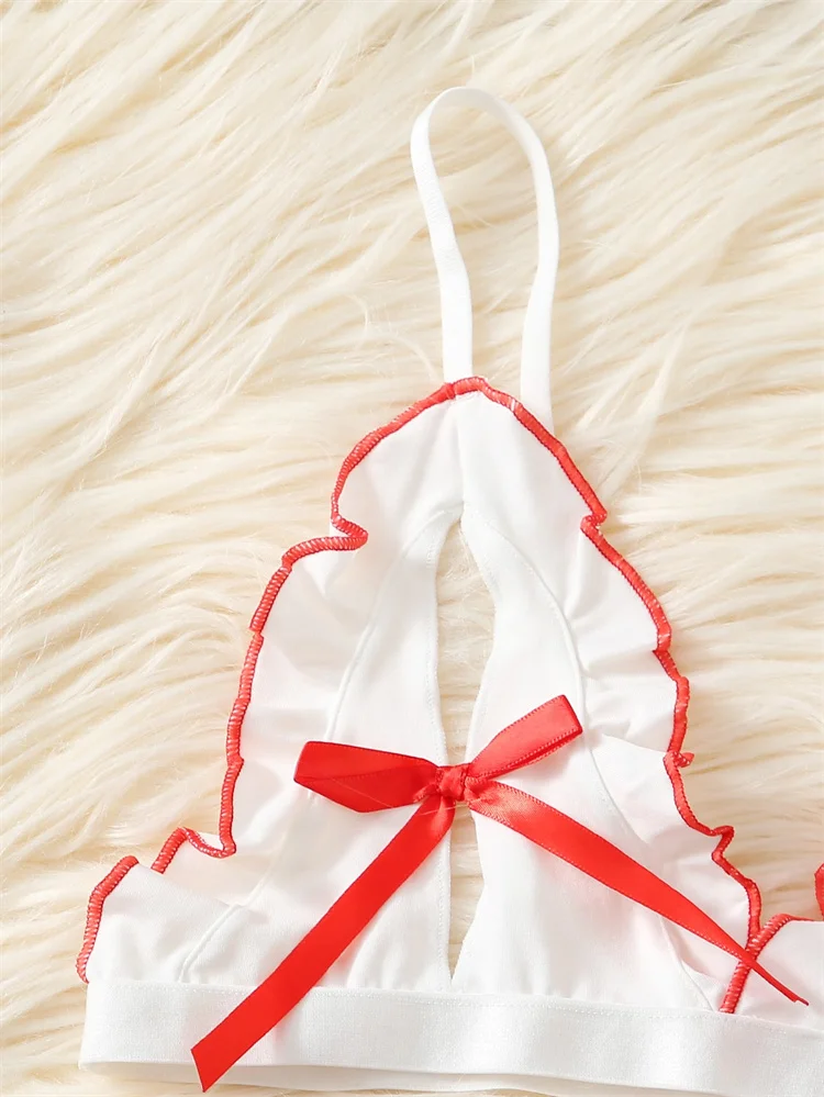 مثير فتاة ممرضة زي الساخن الحسية الملابس الداخلية 5 قطعة الملابس الداخلية المثيرة الأحمر القوس الصدرية الكشكشة تنورة شقي تأثيري الملابس الداخلية الموحدة #5