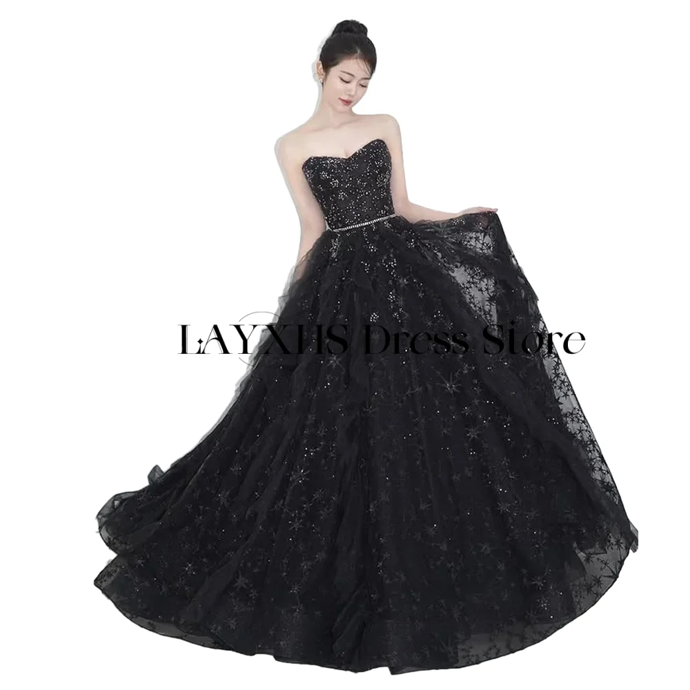 Perles noires Tulle robes de soirée de mariage une ligne corée séance Photo robe de bal paillettes robe de soirée scintillante personnalisée ̄tzotzo