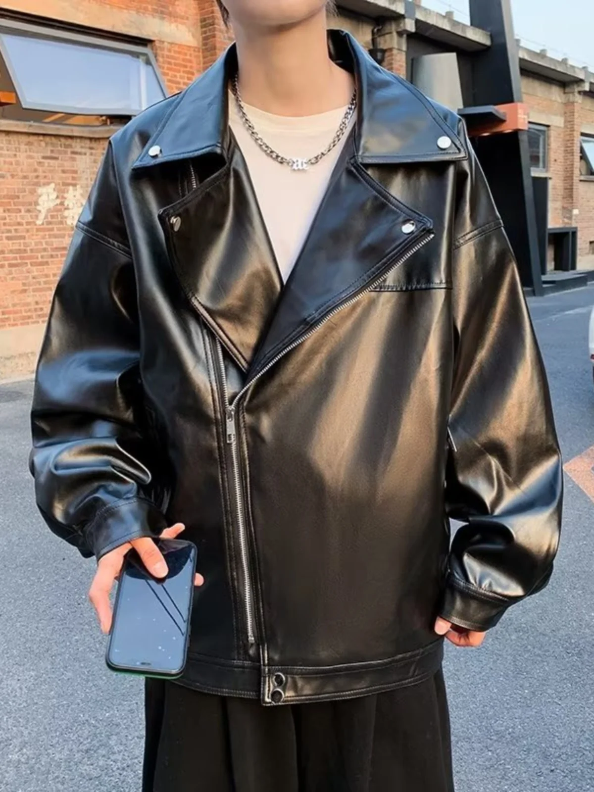 

Men's Fce Lined Thiened PU Leather Jaet Biker Sle Streetwear Trendy High Street Faion Autumn New Arrival