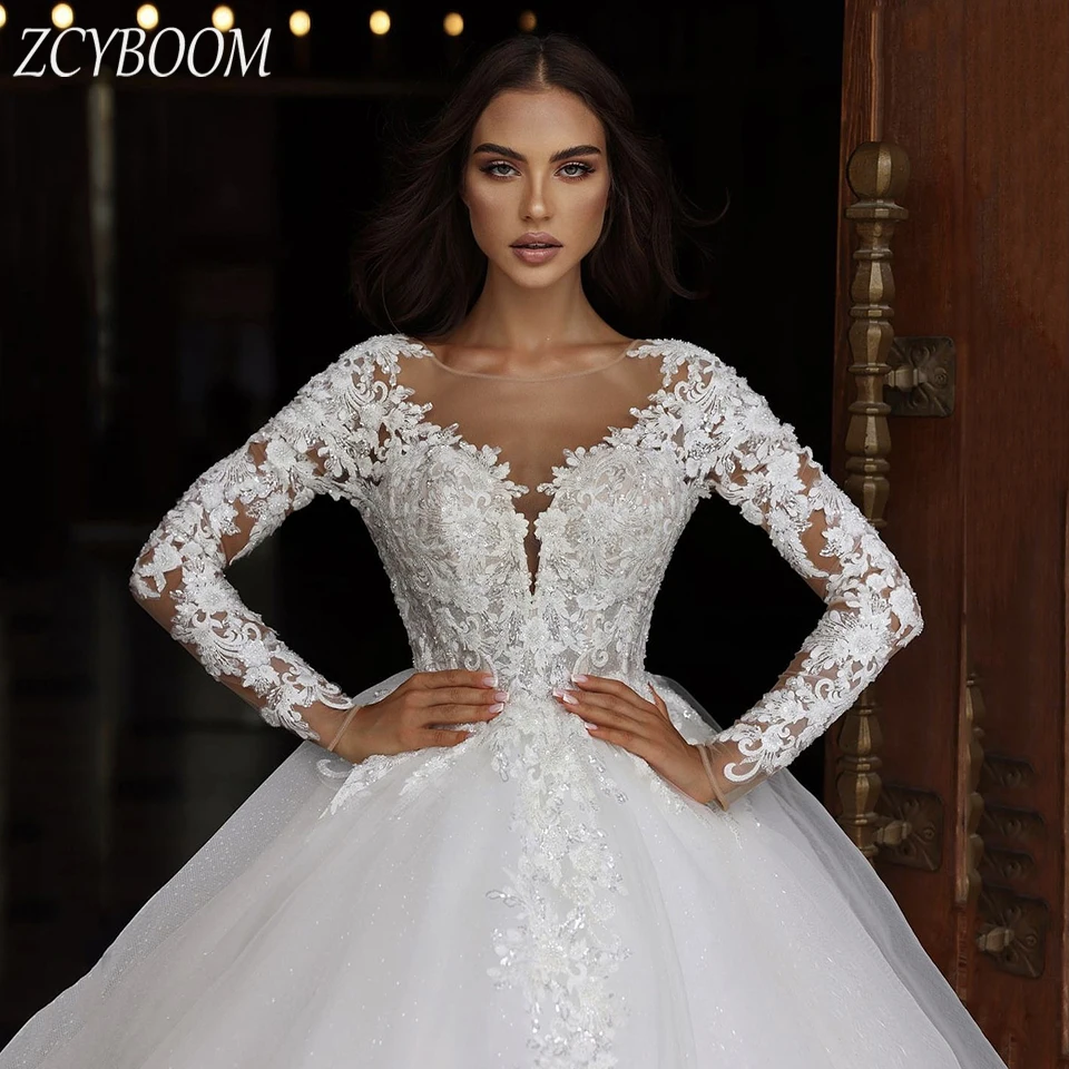 Vestido de casamento personalizado 2024 o-pescoço lantejoulas apliques mangas compridas vestido de baile até o chão trem varredura tule zíper vestido de noiva