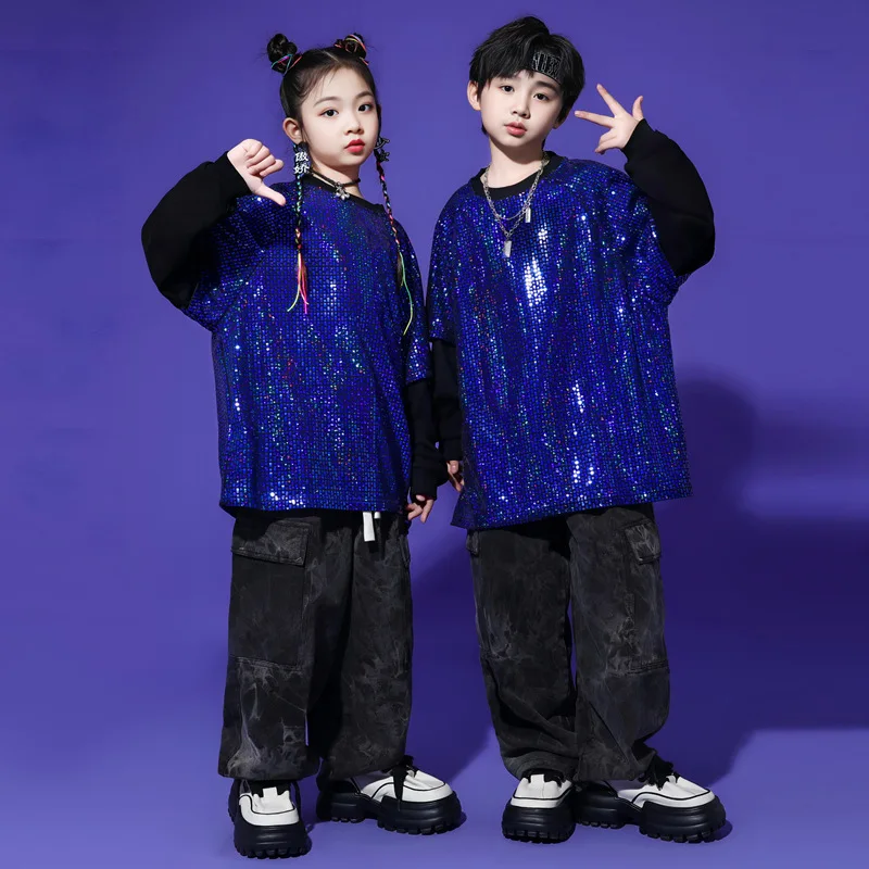 Kid Hip Hop Clothing Sapphire Sequined Mock 2 Pcs Sweatshirt Black Casual Cargo Jeans Pants for Girl Boy Dance Costume Clothes