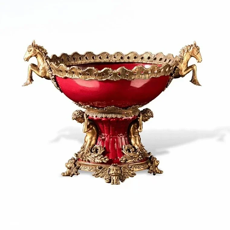 High-quality large snack tray, dried fruit tray, luxury decorative ceramic serving tray, with copper handle.