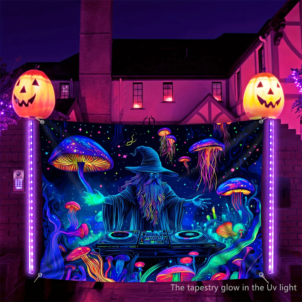 Wizard DJ Jellyfish Mushroom Fluorescent Tapestry Halloween UV Black Light Room Decoration Wall Hanging Party Decor Backdrops