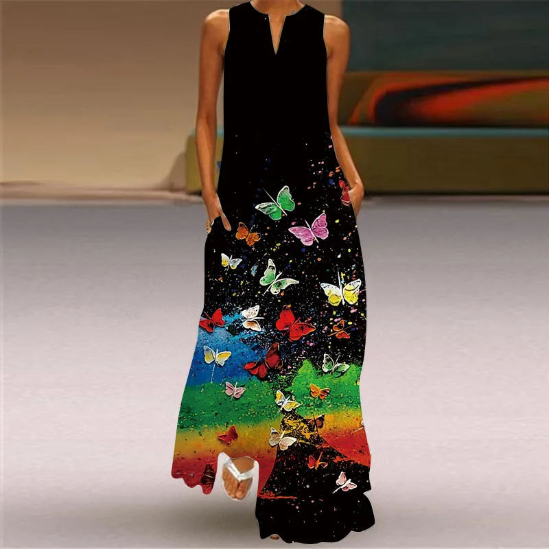 Summer New Retro Oil Painting Style Floral Print Long Dress Women's Summer Sexy Elegant Women's V Neck Pocket Beach Summer Dress