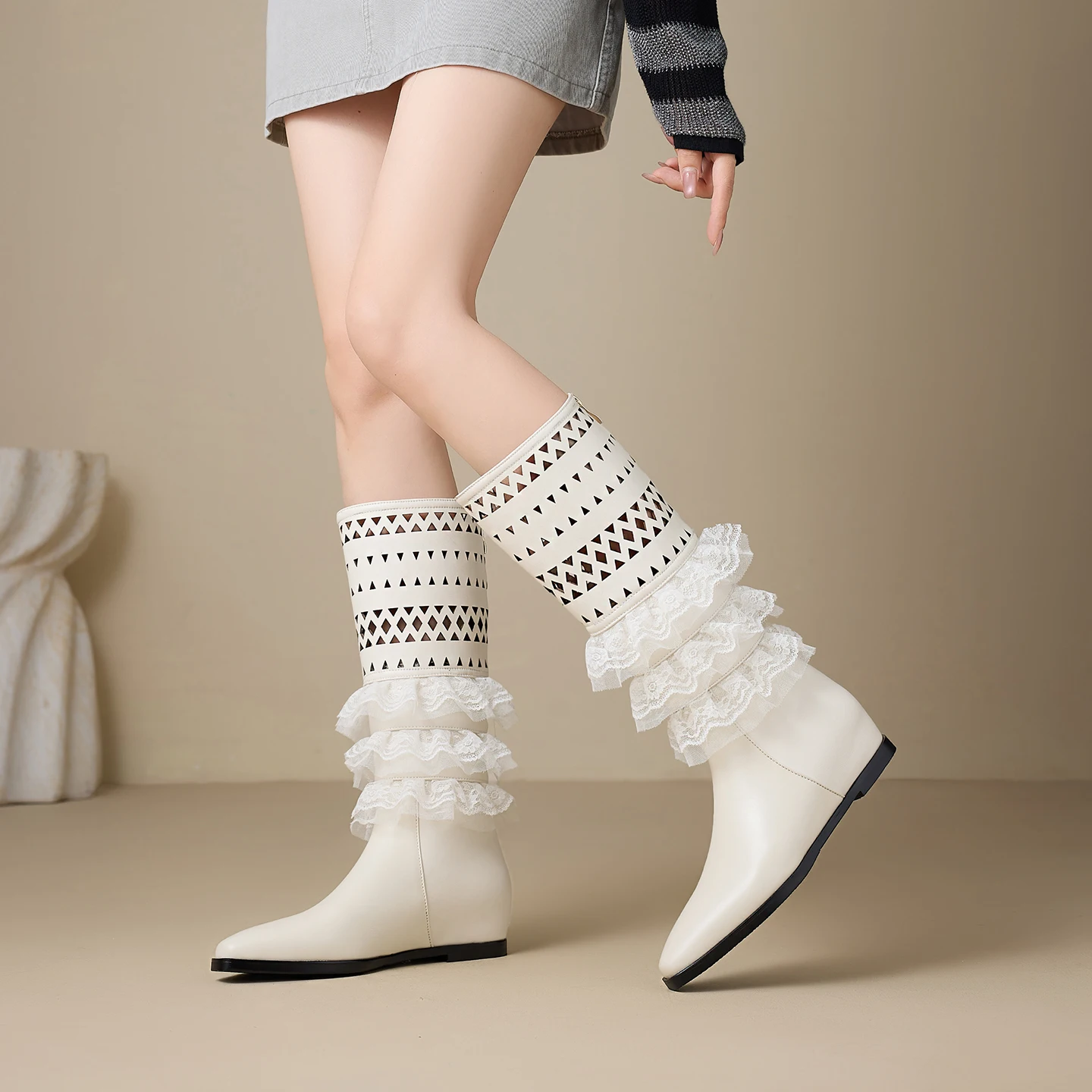 Genuine Leather Mid Calf Boots Retro Knee high boots,lace trim women boots,knight boots,Modern boots,Long Boots Womens Shoes
