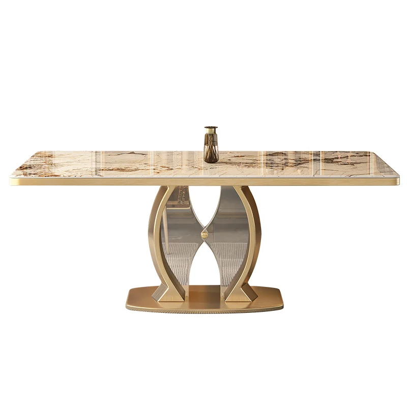 

#￥Modern High-End Large Plate Dining Table Chair Set Glossy Titanium Stainless Steel Base Light Luxury Home Furniture for Hotels