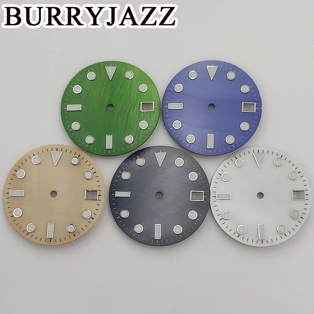 BURRYJAZZ 28.5mm No Logo NH35 Watch Dials Black Green Blue Brown White Dial Green Luminous Fit 3 O'clock Case Crown