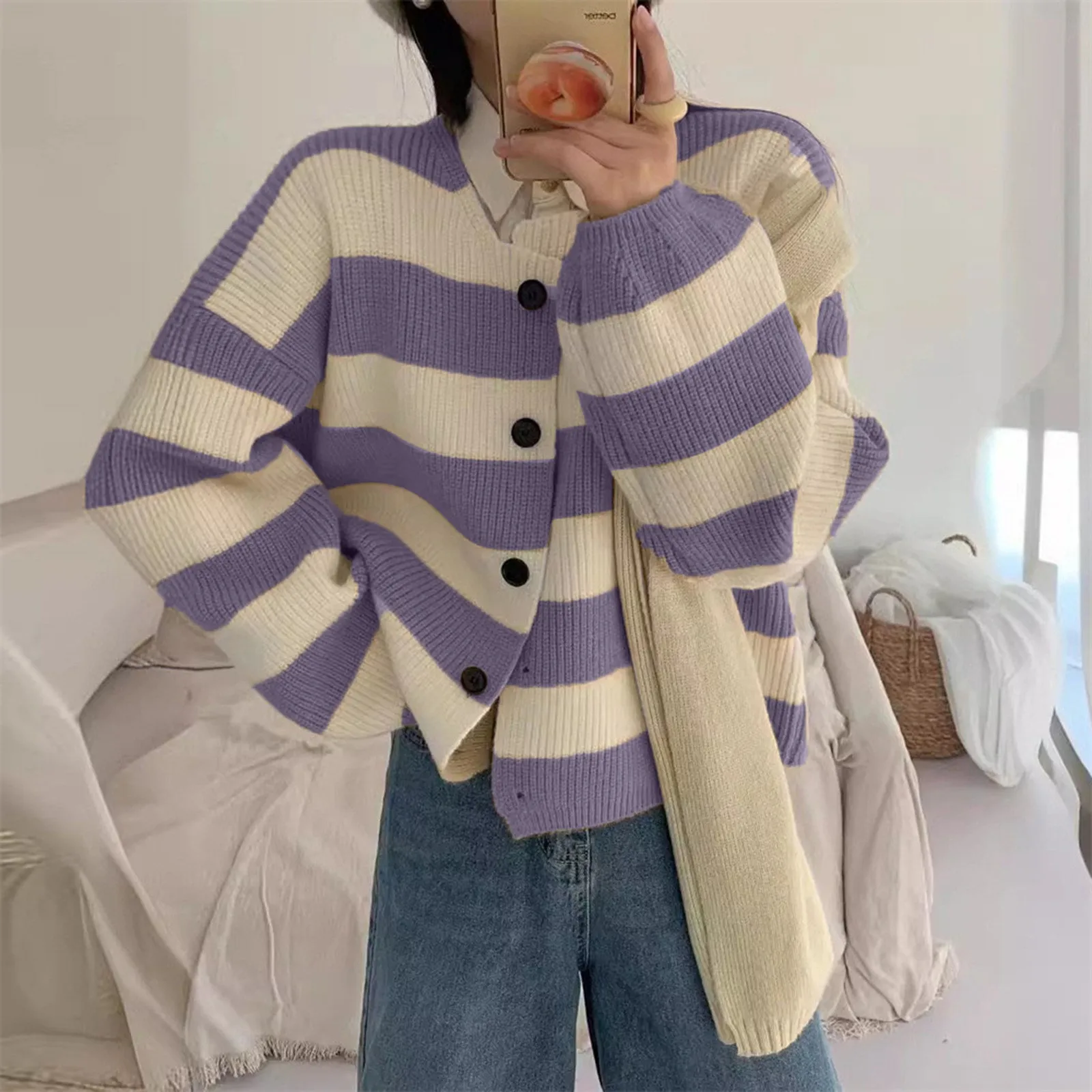 

Striped Knitted Cardigans Women 2024 Autumn Winter Single Breasted Loose Sweaters Korean Style Long Sleeve Knitwear Female Coat