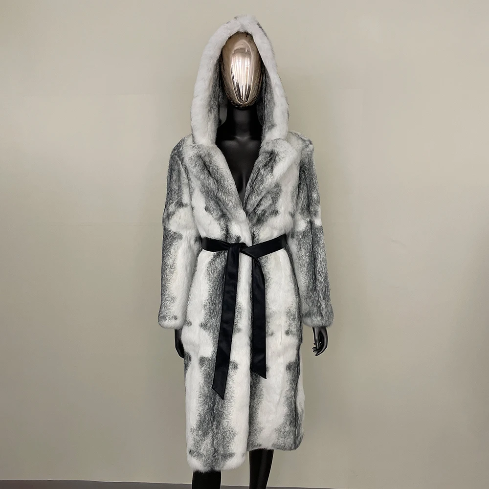 Long Natural Fur Luxurious Fur Thickened Warm Hooded Jacket 2024 Autumn Winter Real Rabbit Fur Coat Real Fox Fur Coat Women