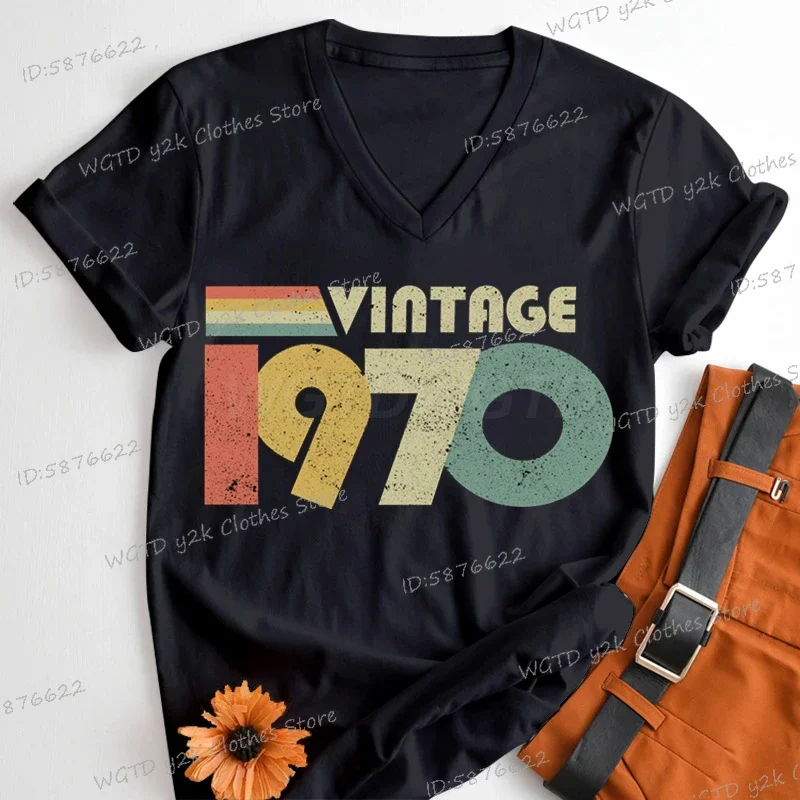 المرأة عيد ميلاد الذكرى تي شيرت خمر 1975 50 عاما من كونها رهيبة تي شيرت هدية قصيرة الأكمام 1970 إلى 1979 الخامس الرقبة التي شيرت