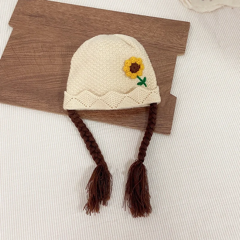 

Children Baby Girls Cable-knit Hat With Two Fake Braid Kids Cozy Ear-flapped Hat Sunflower Decoration Elastic Warm Sweet Caps