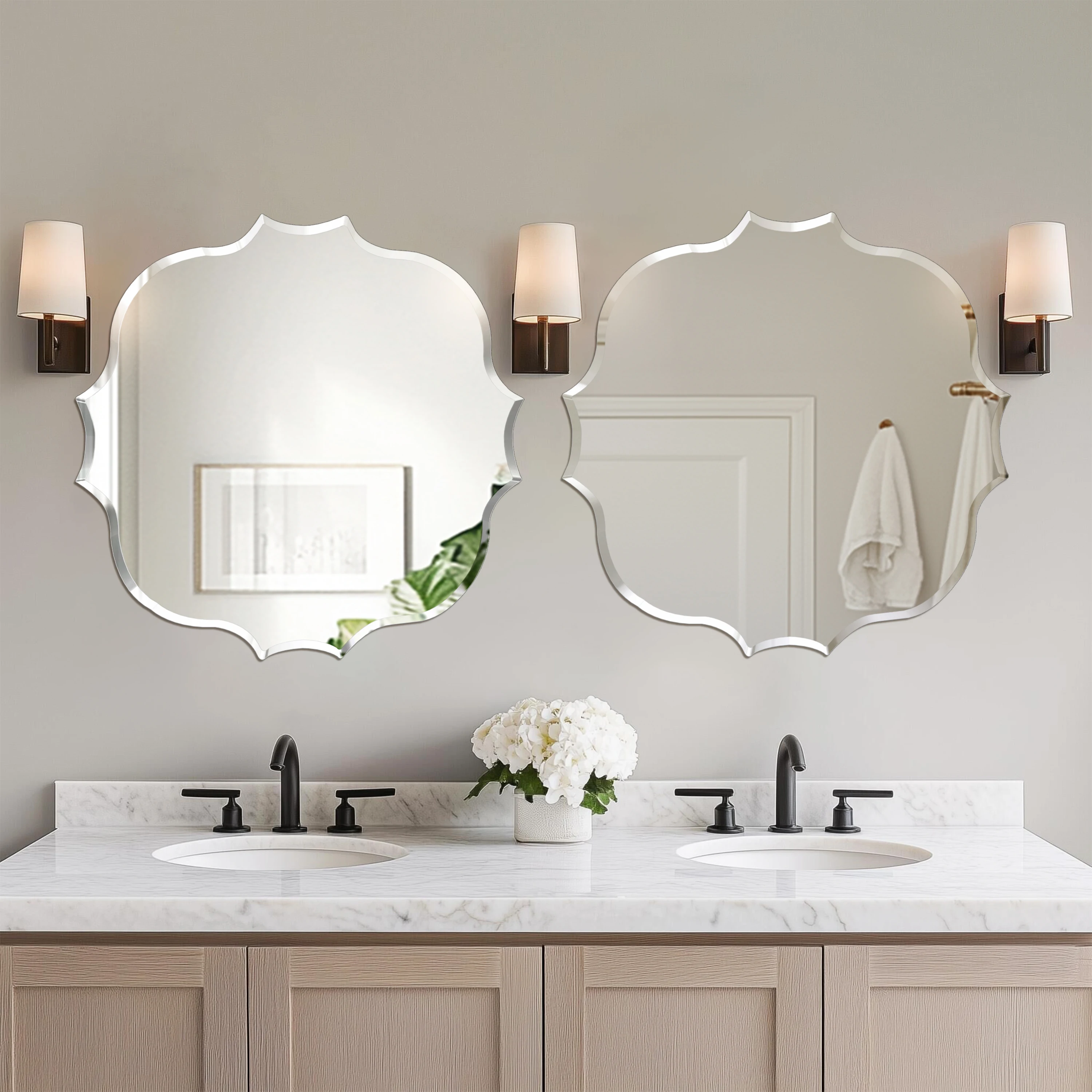 

Wisfor Scalloped Edge Beveled Frameless Bathroom Wall Mirror for Living romm, Bedroom, Entrance