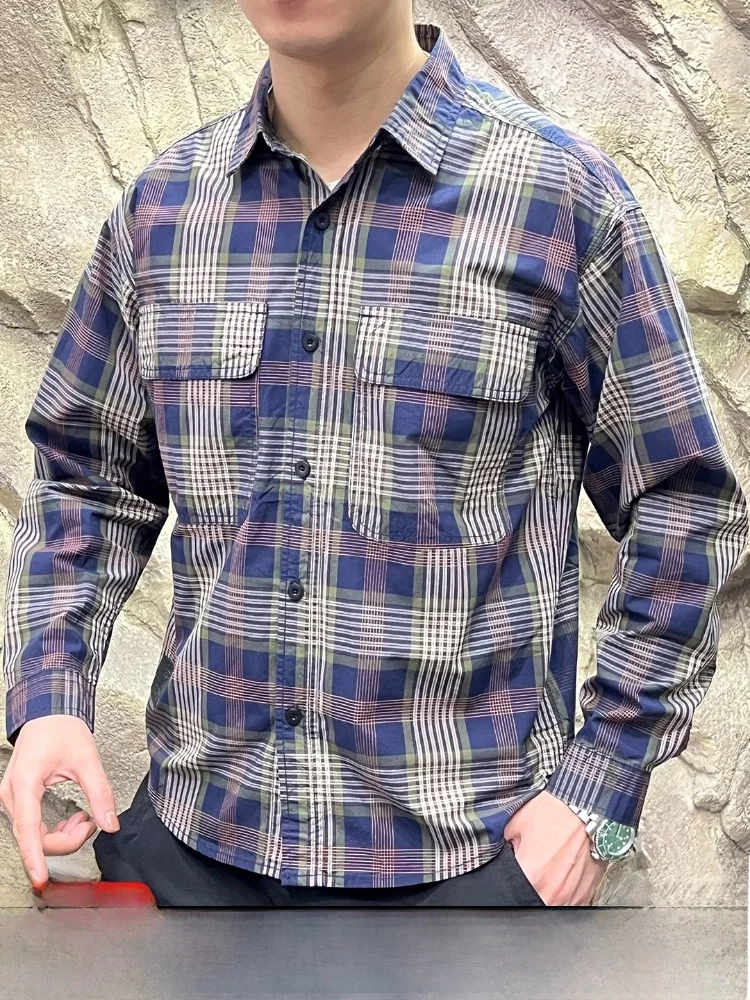 

Хлопковый клетчатый воротник-стойка в стиле ретро, модный, полностью хлопок, для мужчин и женщин, для пар, дышащий длинный све, на пуговицах