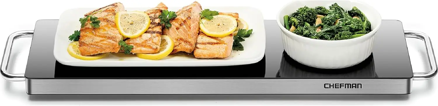 

Electric Warming Plate for Food Prep, Stainless Steel Frame & Tempered Glass Surface, Cool-Touch Handles, Black