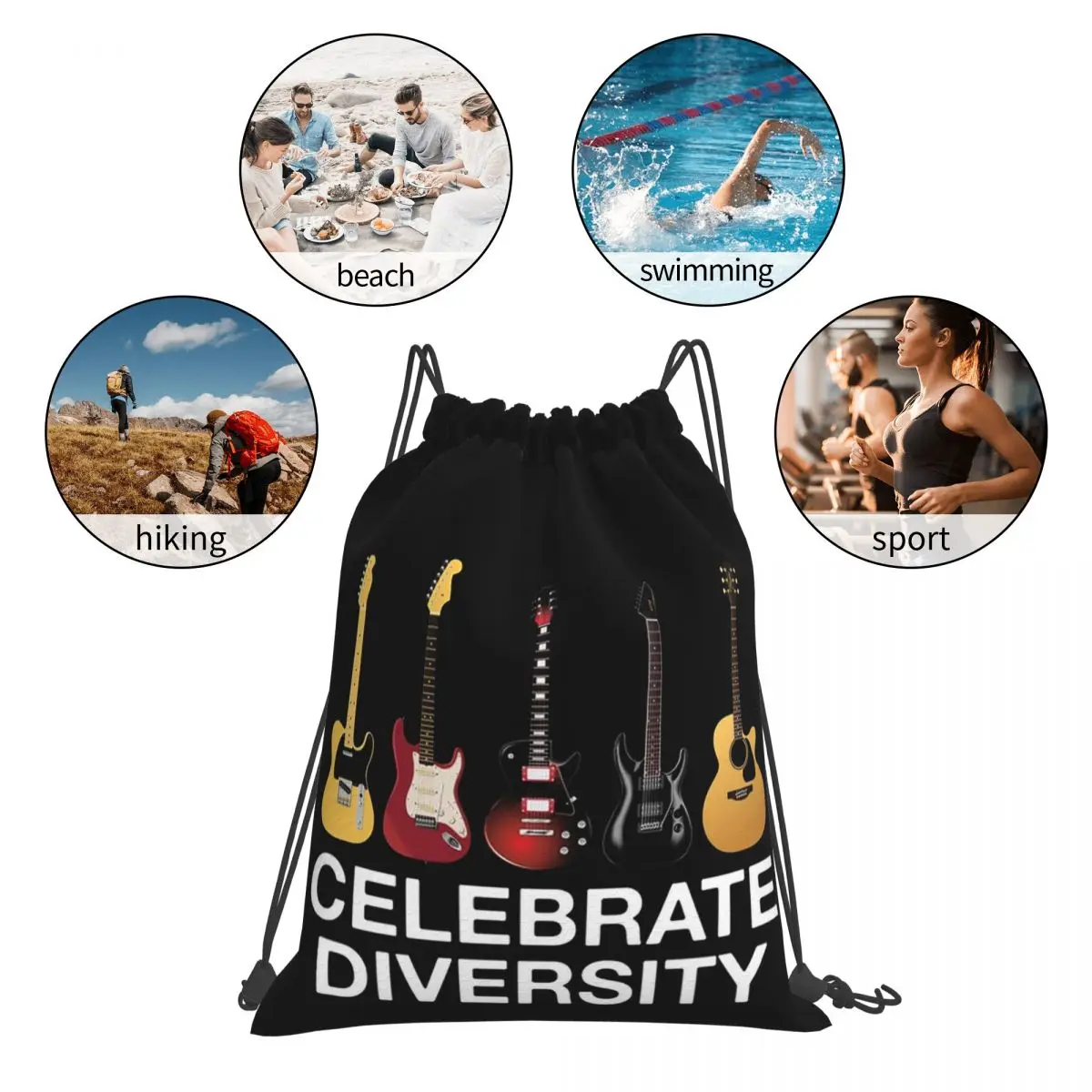 多様性を祝うギターバックパックカジュアルポータ​​ブル巾着バッグ収納袋ブックバッグ男性女性学校