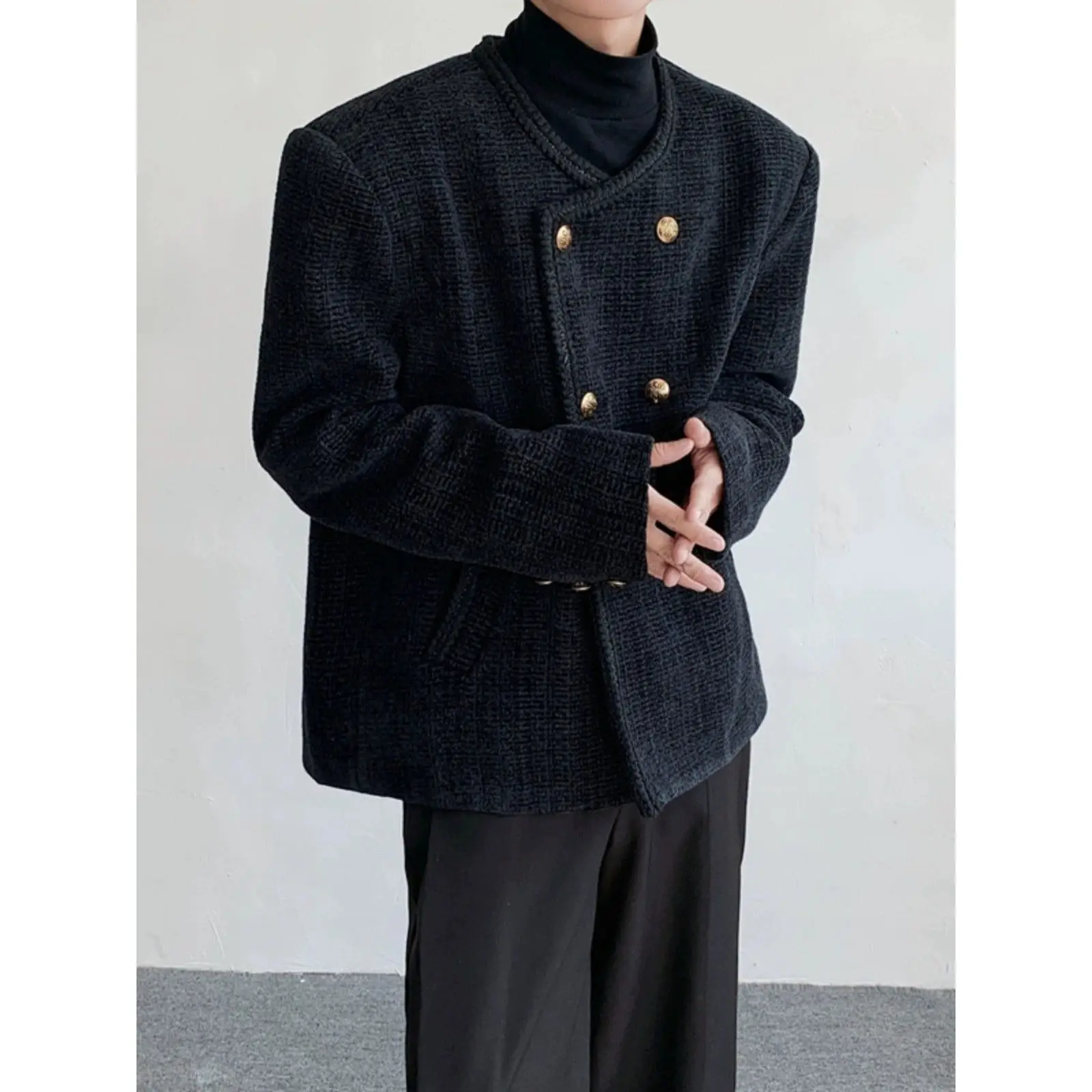 Double-breasted Luxury Tweed Jacket Men Korean Streetwear Woven Oversized Blazer Edgy Spring Autumn Chic Loose Fit Coat